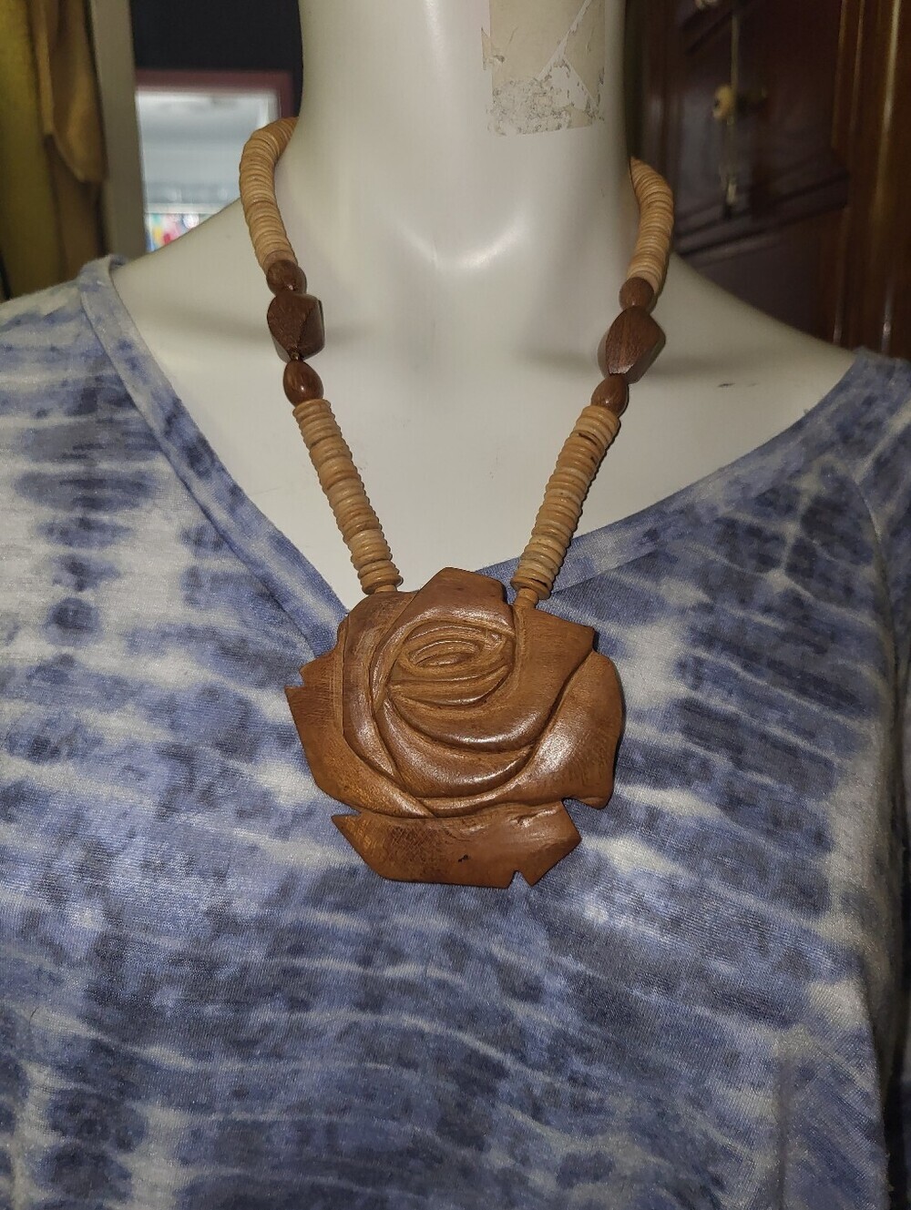 Vintage Hand Carved Wooden Rose Pendant Necklace